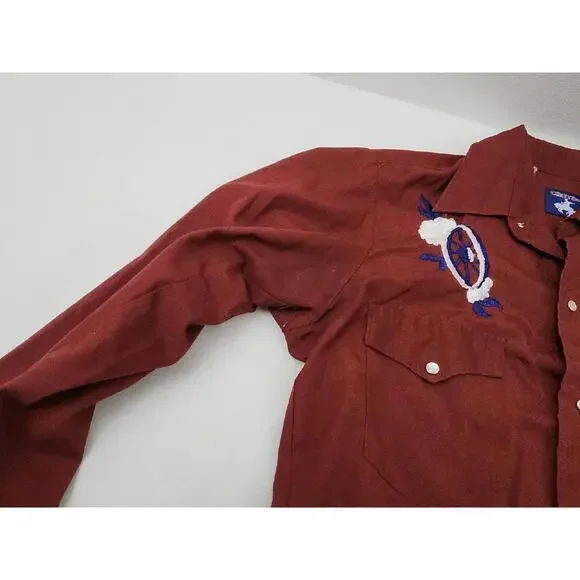 Vintage Men’s Medium Chute Red Maroon Western Pearl Snap Embroidered Wagon Shirt - Picture 7 of 15